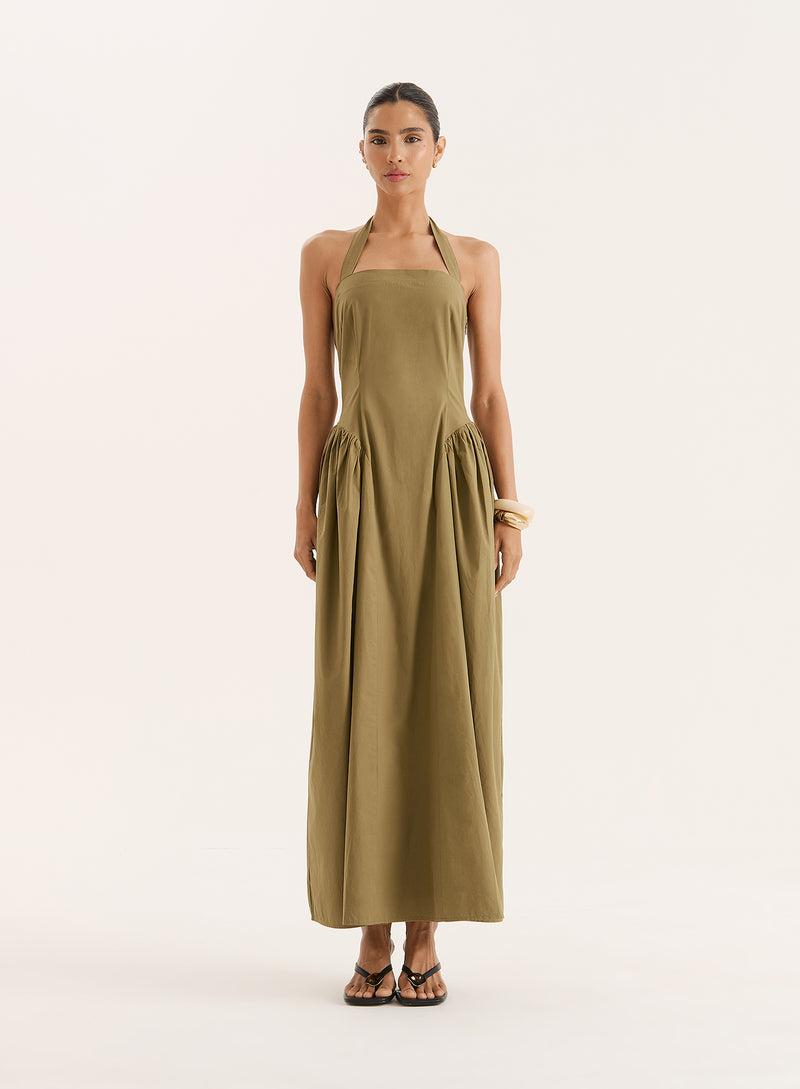 Khaki Halterneck Cotton Maxi Dress- Bonita