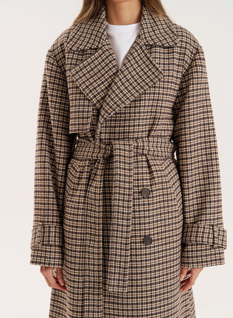 Brown Checked Belted Wool-Blend Trench Coat- Tabi