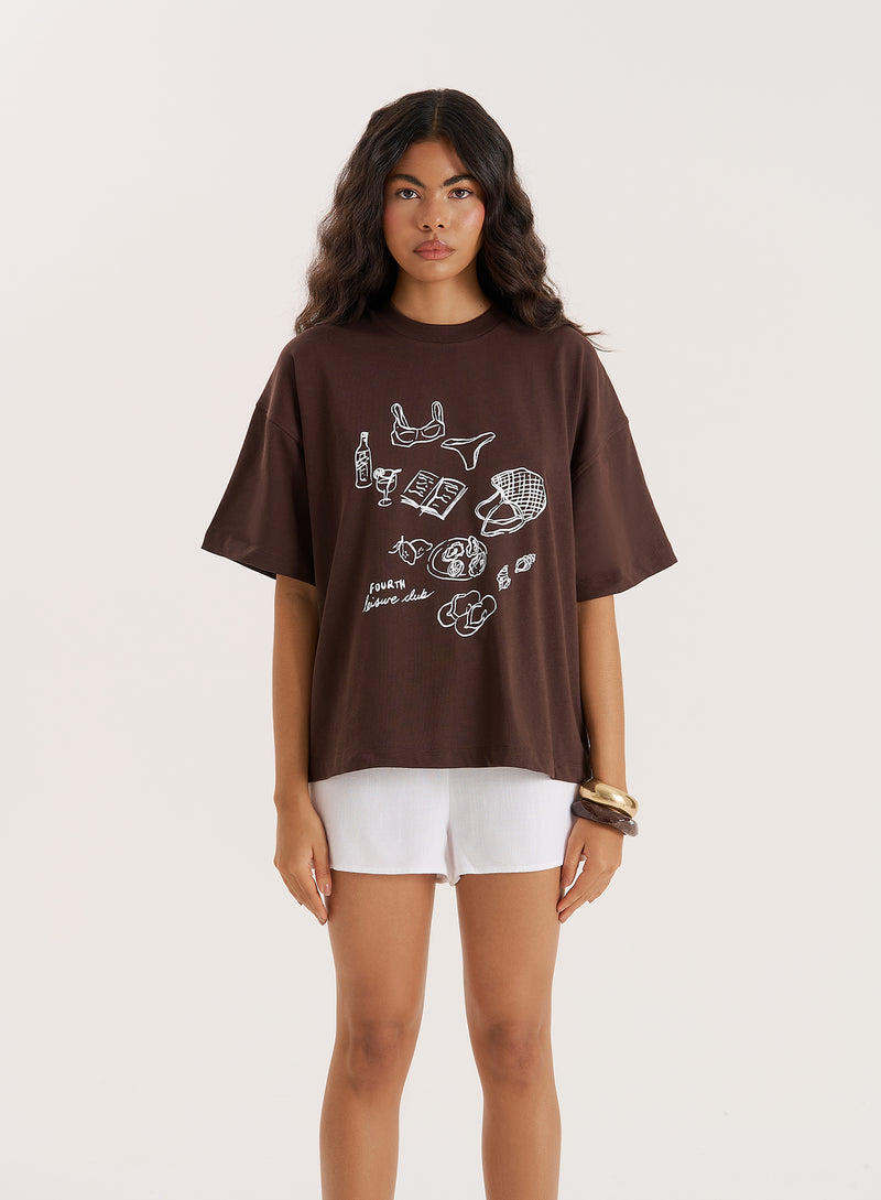 Brown Illustration Print Oversized T-Shirt- Benni