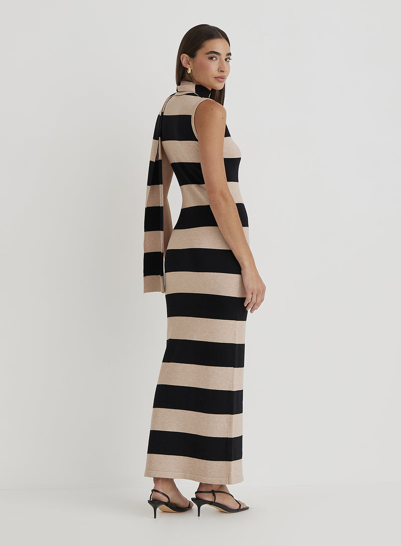 Striped Knitted Maxi Dress With Scarf- Fran