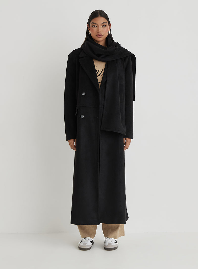 Black Tailored Maxi Coat With Scarf- Melia