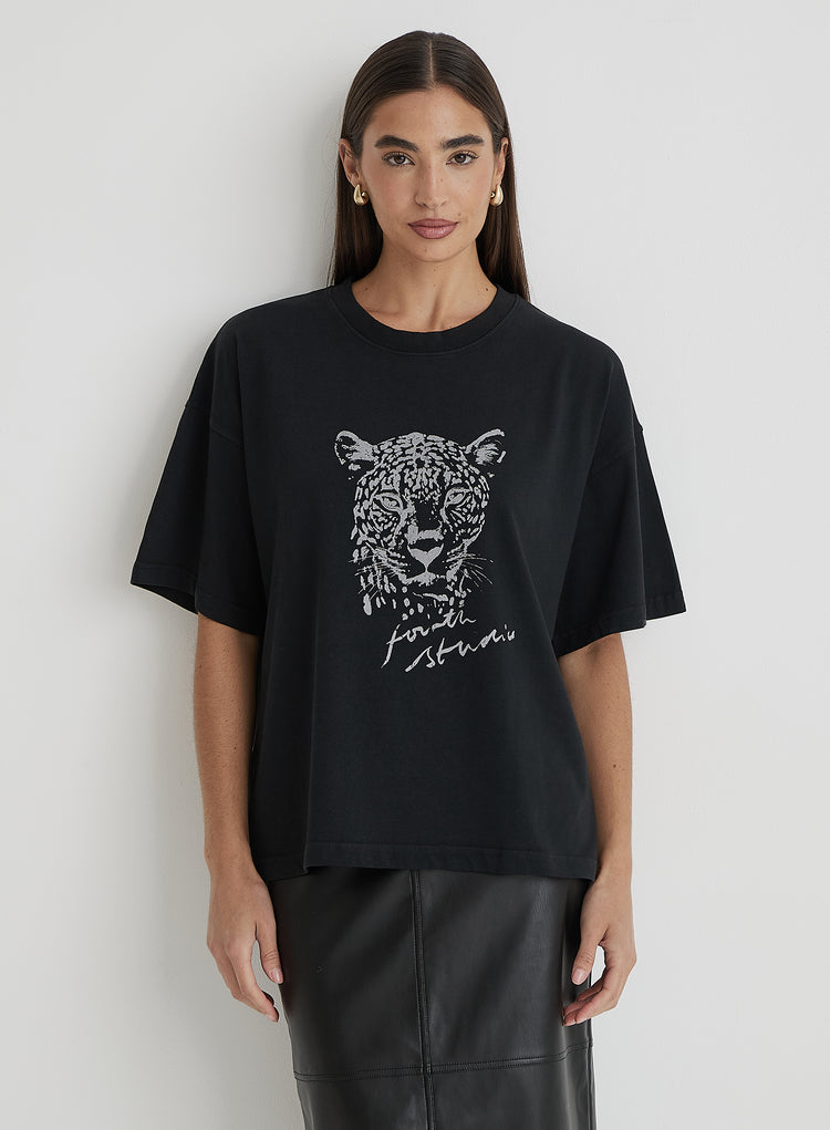 Black Acid Wash Leopard Motif T-Shirt- Leo