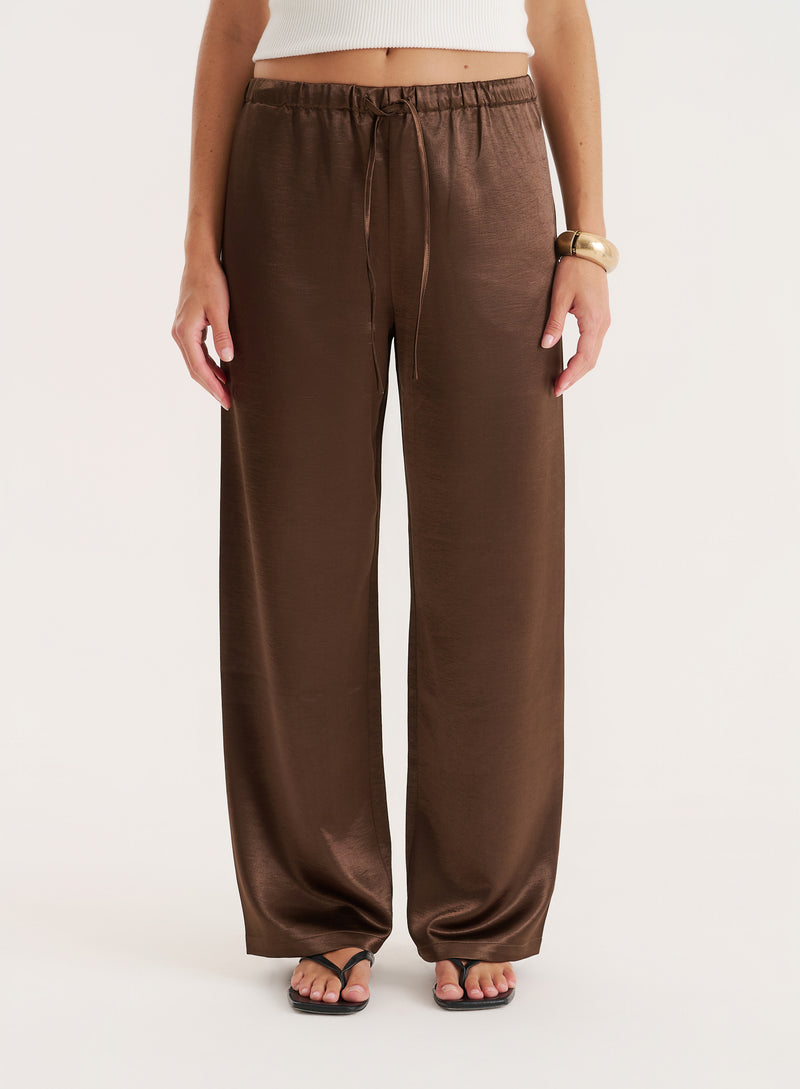 Chocolate Satin Elasticated Waist Wide Leg Trouser- Shelby