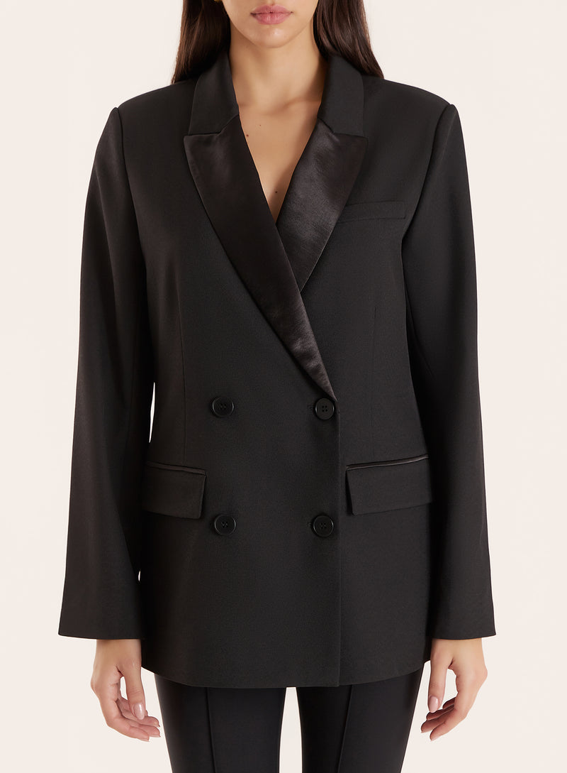 Black Satin Lapel Double Breasted Tuxedo Blazer
