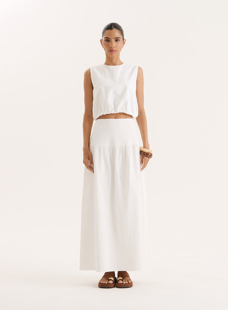 White Cotton Drop Waist Maxi Skirt- Selene