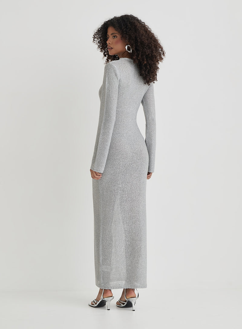 Silver Sequin Knitted Maxi Dress- Sisca