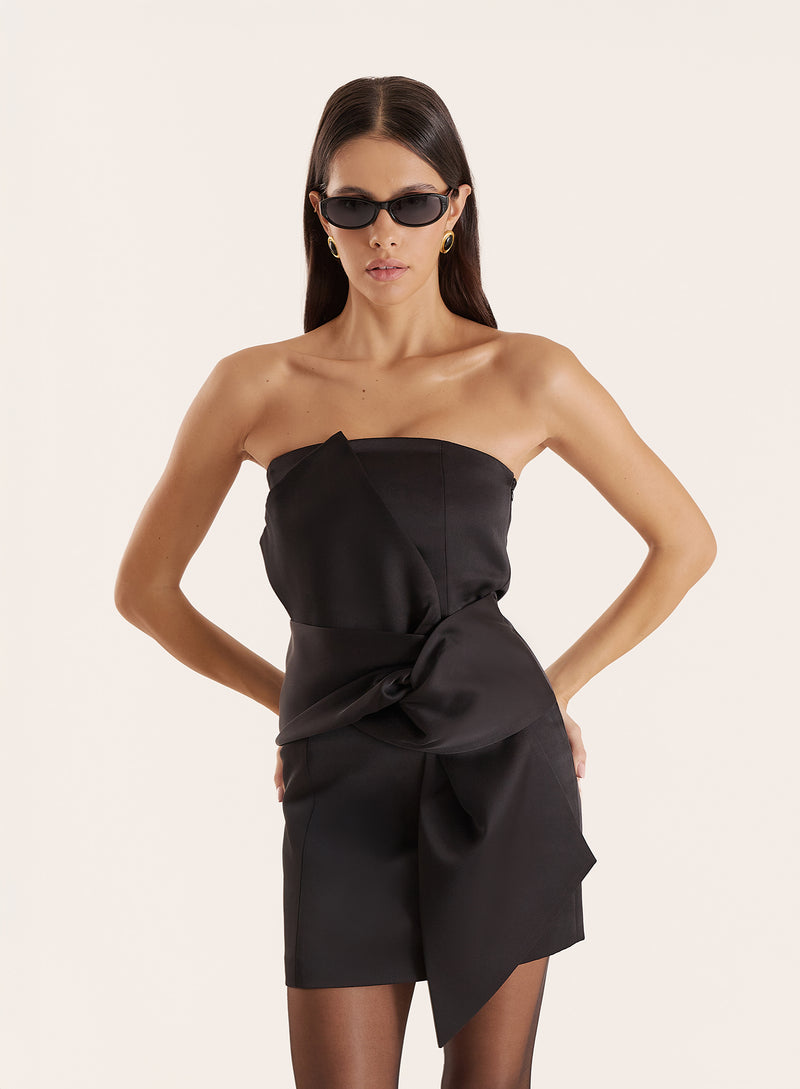 Black Bow-front Satin Mini Dress- Simone