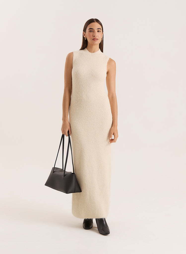 Beige High Neck Knitted Sleeveless Dress- Gillian