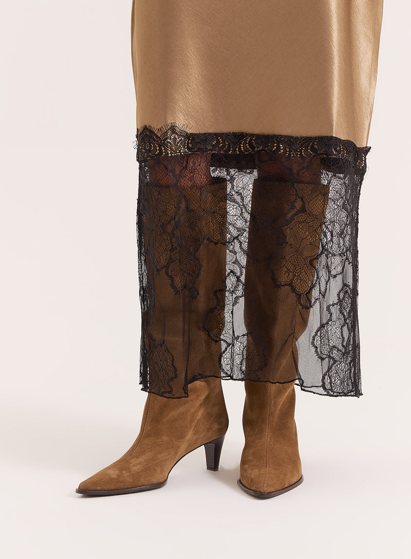 Khaki Satin Lace Trim Maxi Dress- Smythson
