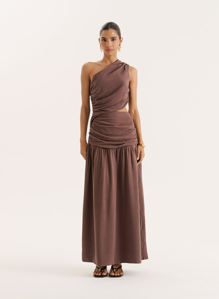 Brown Linen Blend One Shoulder Maxi Dress- Yara