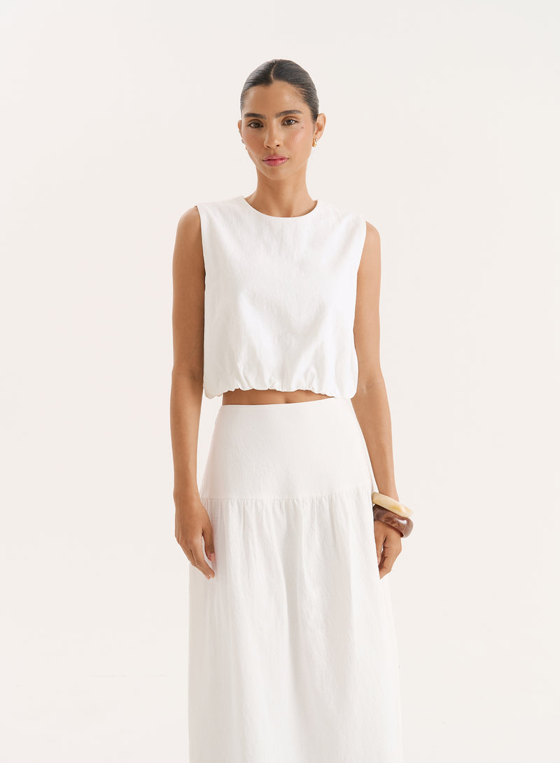 White Cotton Drop Waist Maxi Skirt- Selene