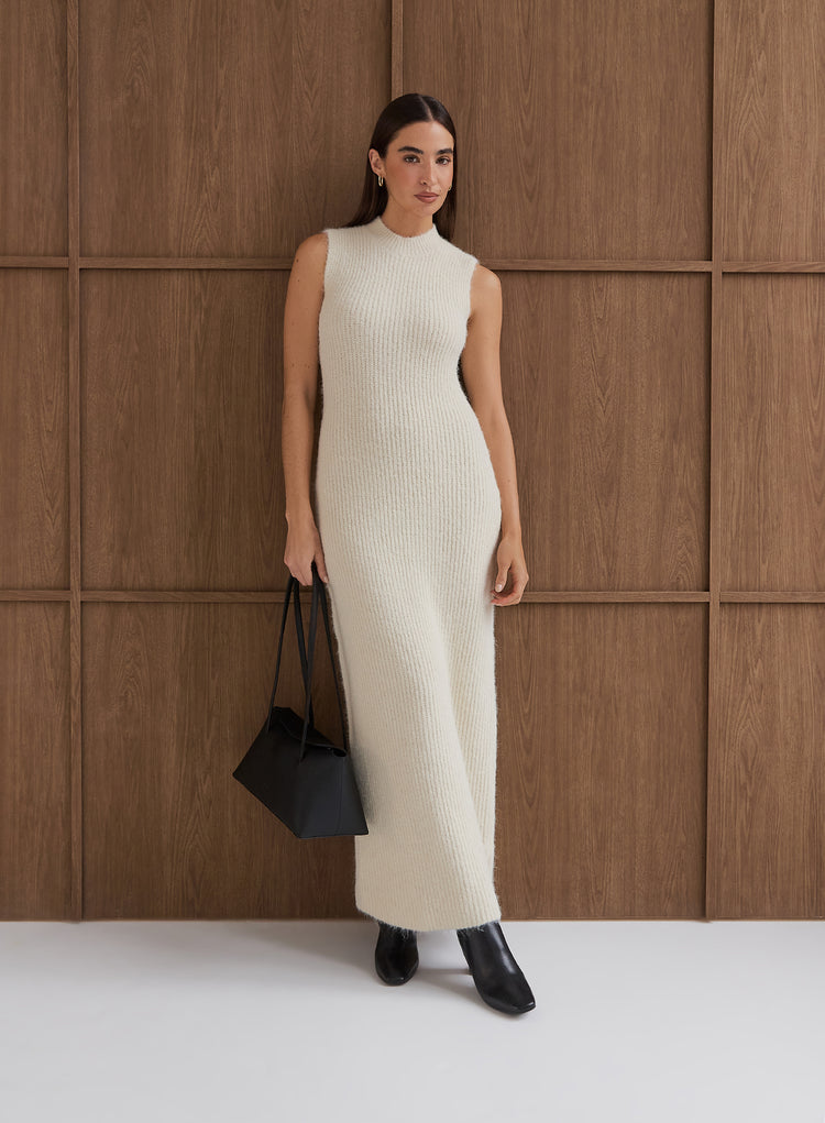 Beige High Neck Knitted Sleeveless Dress- Gillian