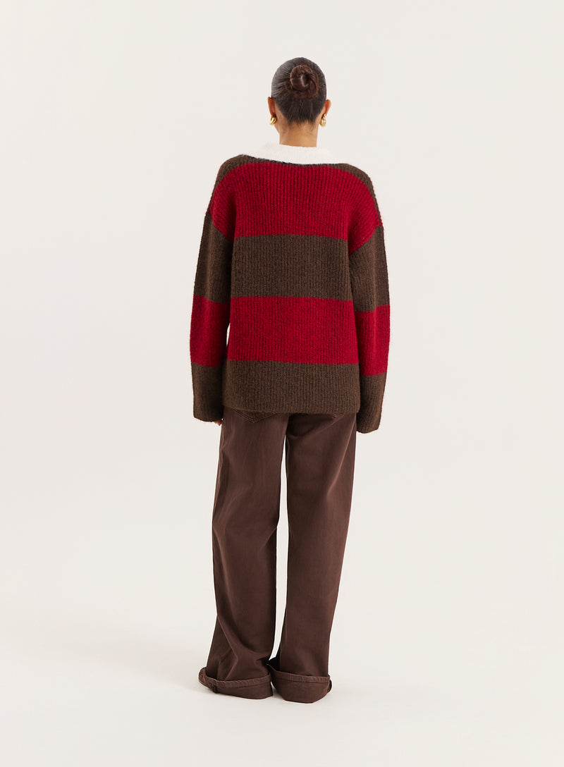 Red And Brown Striped Knitted Polo Jumper- Ruby