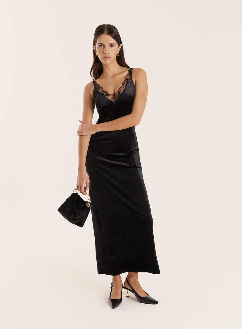 Black Velvet Lace Trim Midaxi Dress