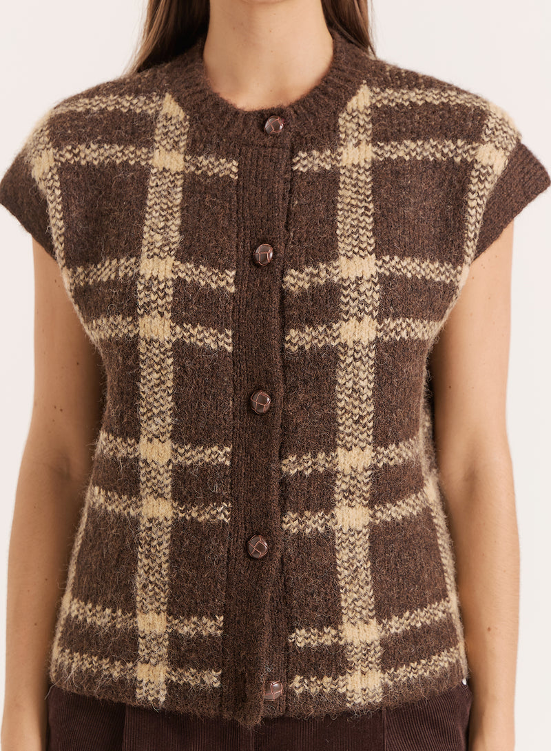 Multi Check Knitted Button Down Vest- Ashley