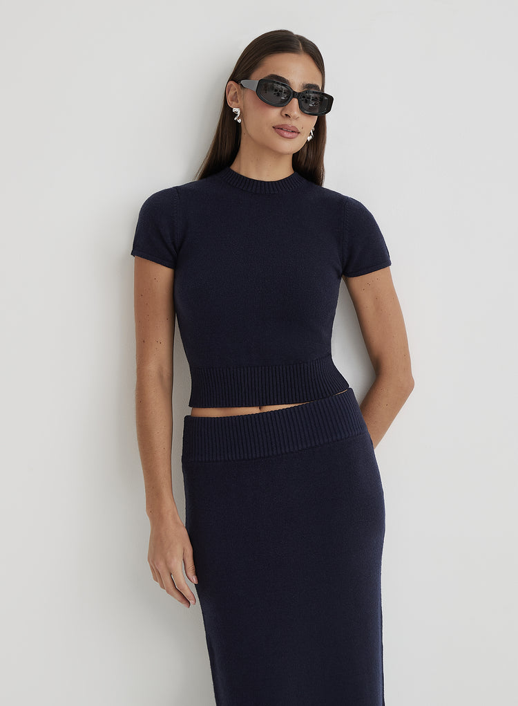 Navy Knitted Short Sleeve Top- Sandi