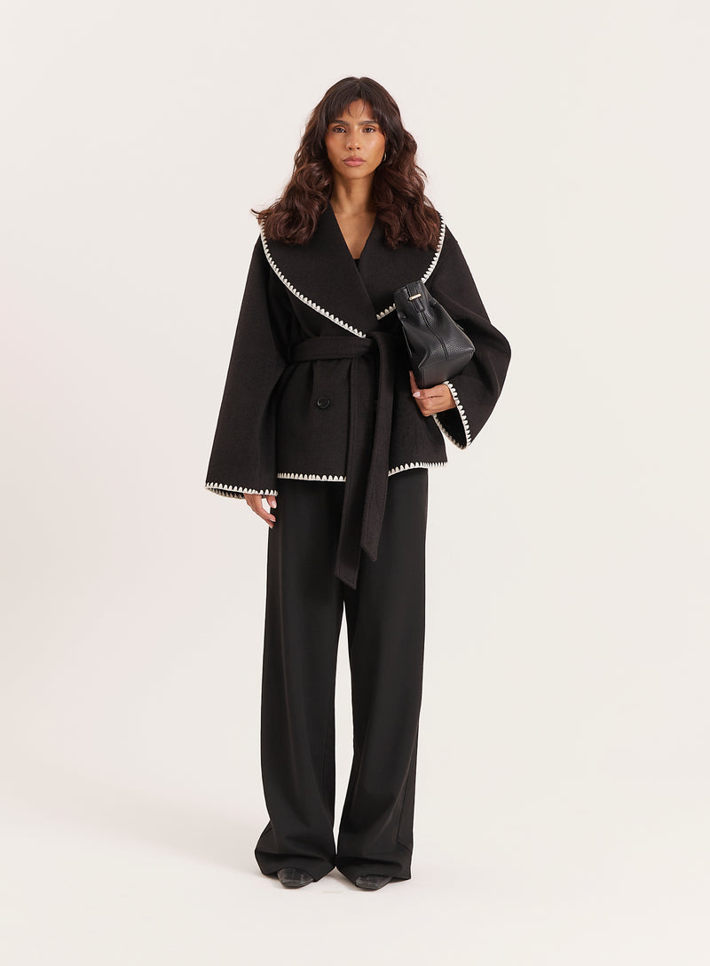 Black Contrast Stitch Belted Jacket