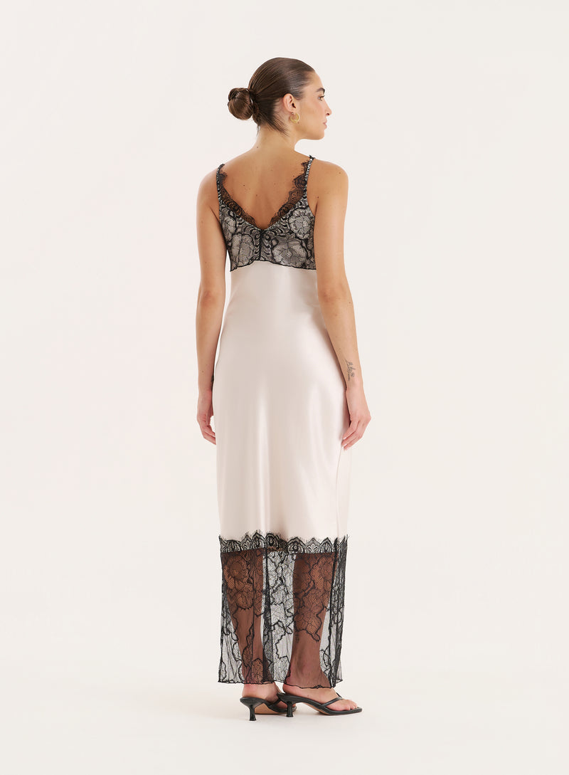 Cream Satin Lace Trim Maxi Dress- Smythson