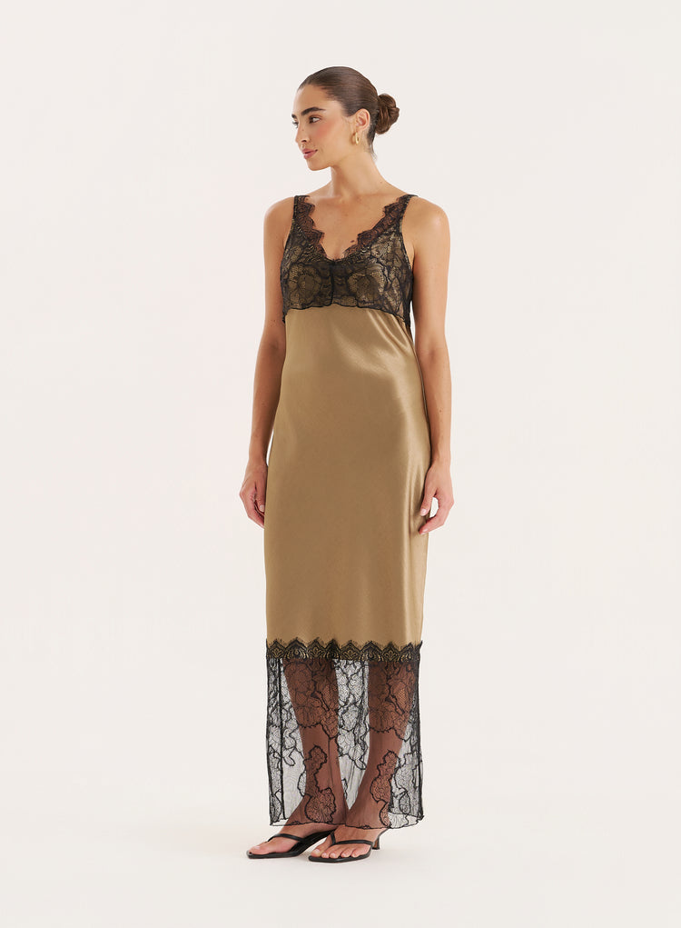 Khaki Satin Lace Trim Maxi Dress- Smythson