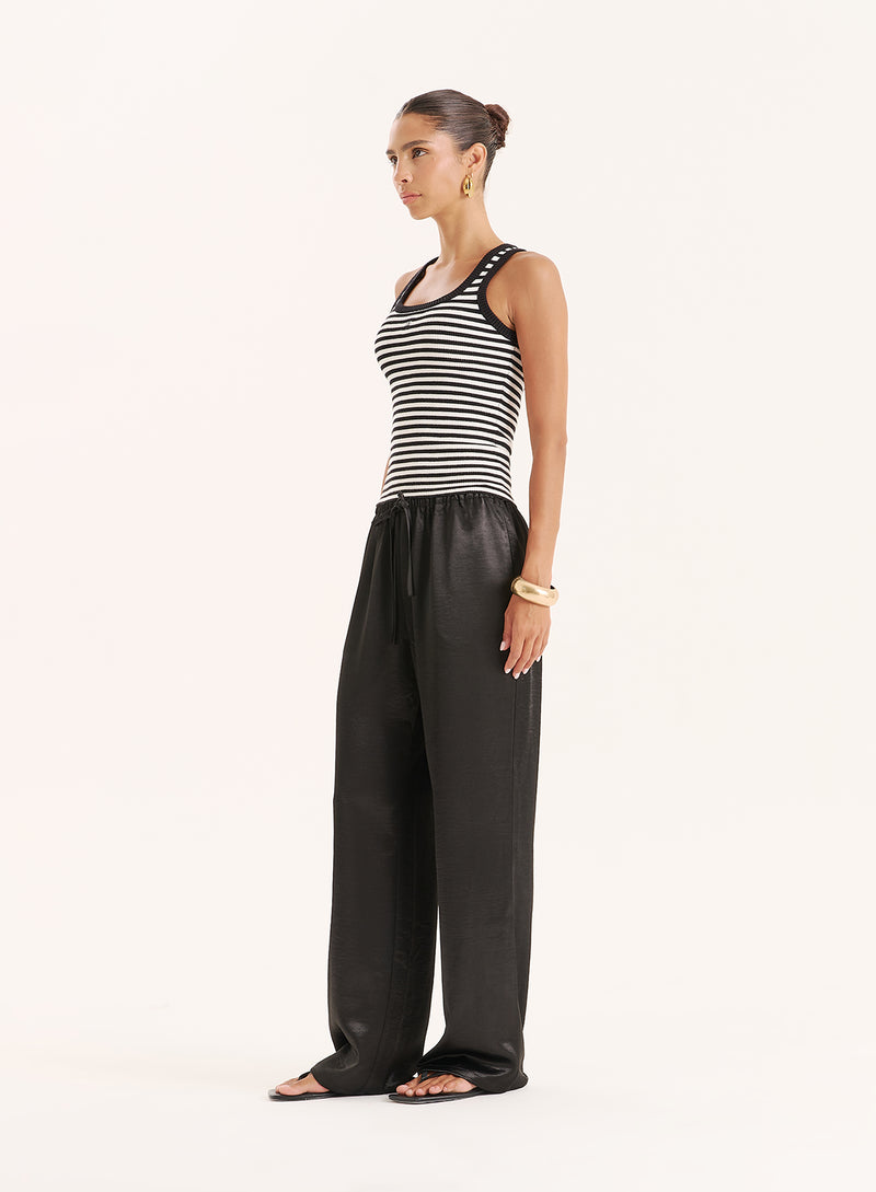 Black Satin Tie Waist Wide Leg Trouser- Shelby