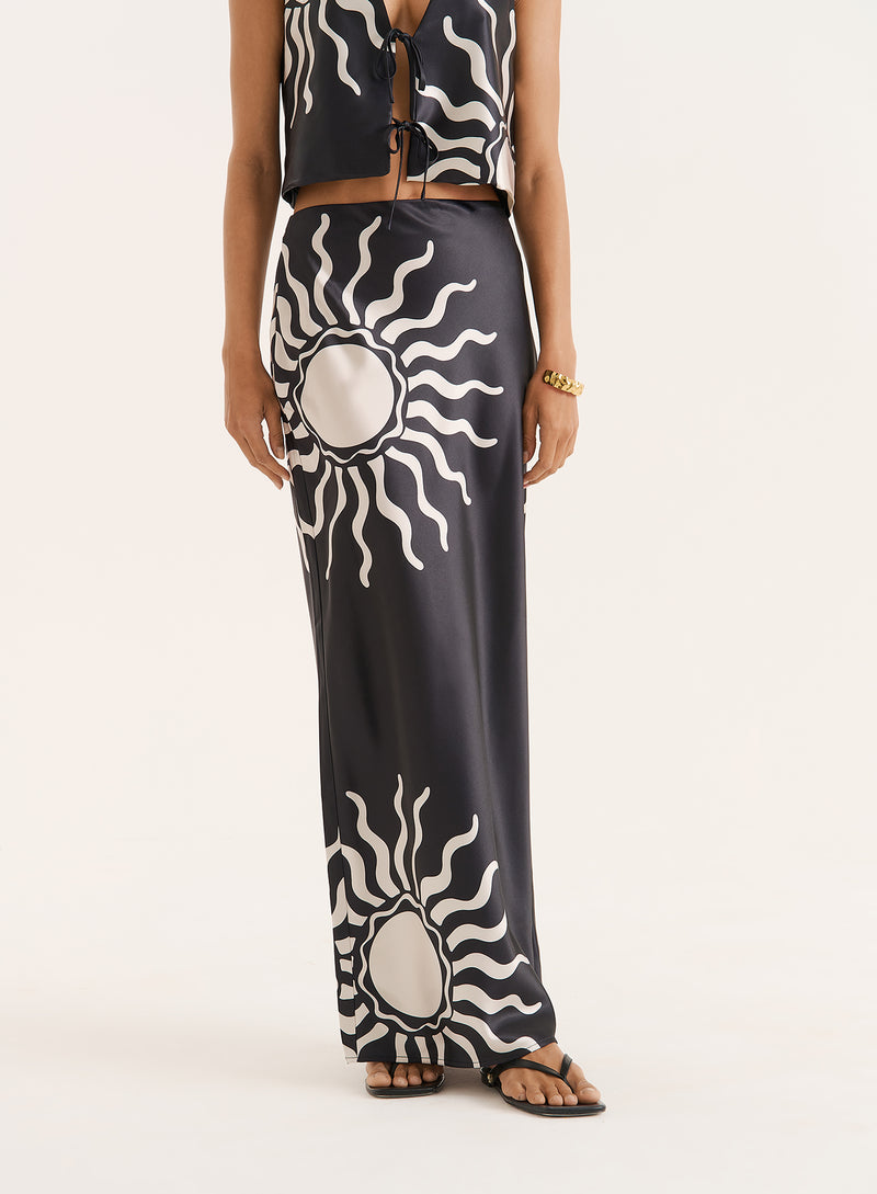 Black Sun Print Satin Maxi Skirt- Lula