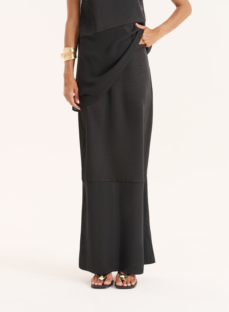 Black Satin And Chiffon Maxi Skirt- Marcia