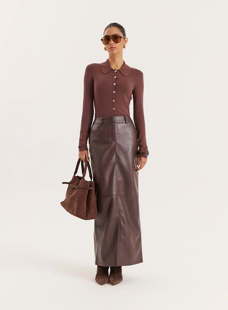 Chocolate Tailored PU Maxi Skirt- Carys