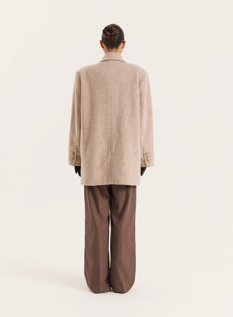 Oatmeal Longline Double Breasted Oversized Blazer- Floriana