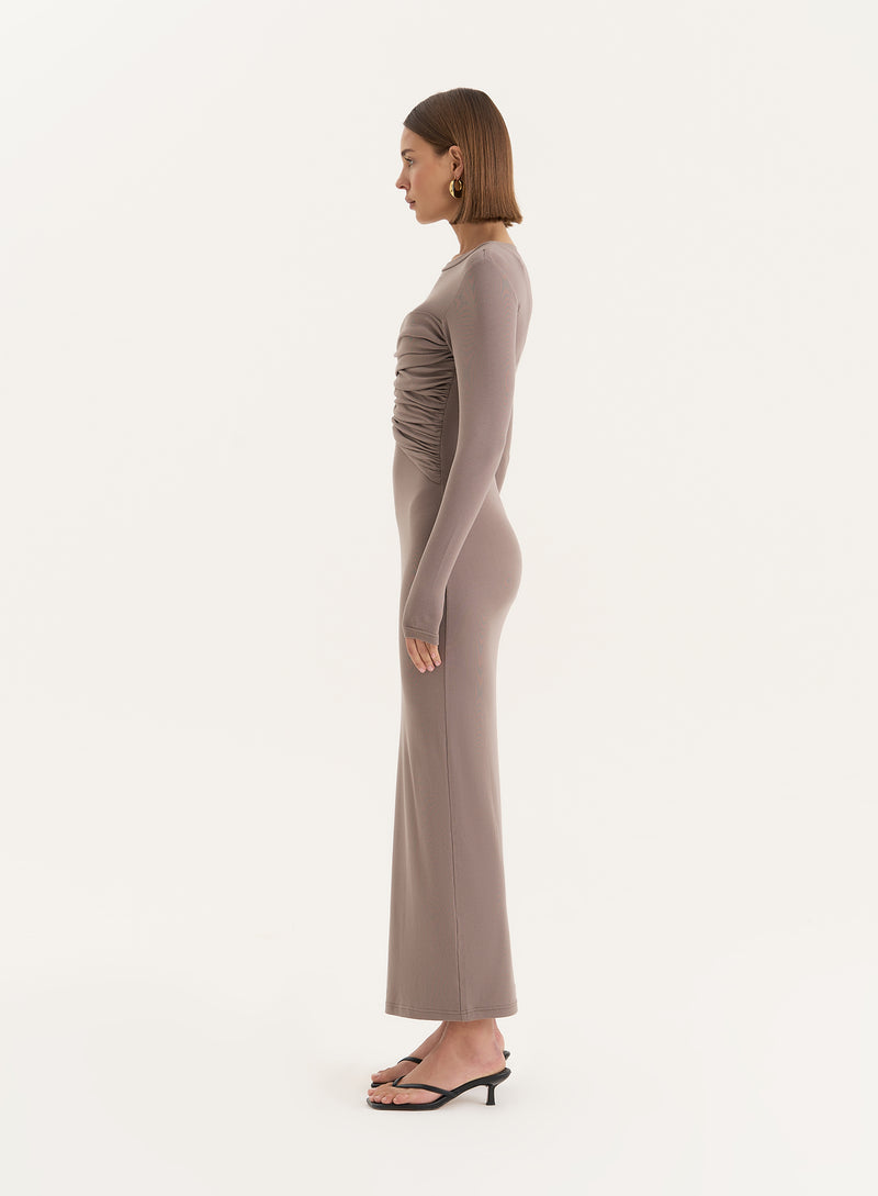 Beige Bust Detail Long Sleeve Maxi Dress- Xavier