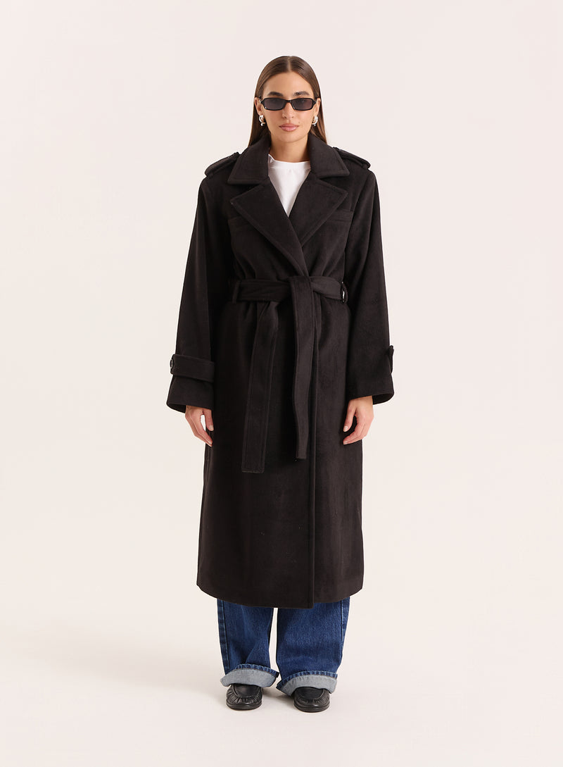 Black Tailored Belted Longline Coat- Anderson