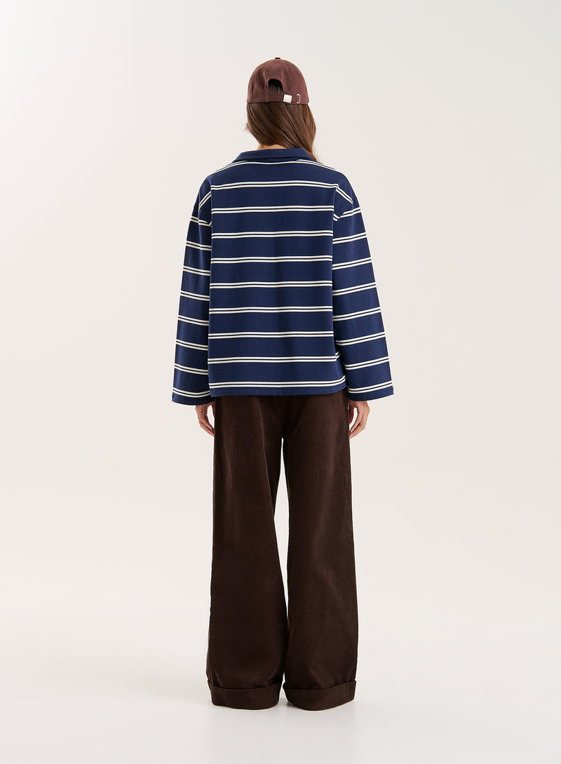 Navy And White Thin Striped Rugby Top- Hailey
