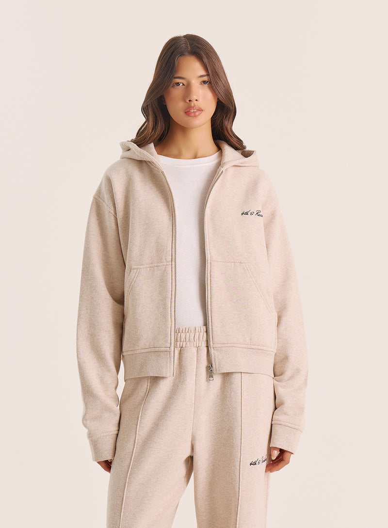 Oatmeal Script Logo Detail Zip Hoodie
