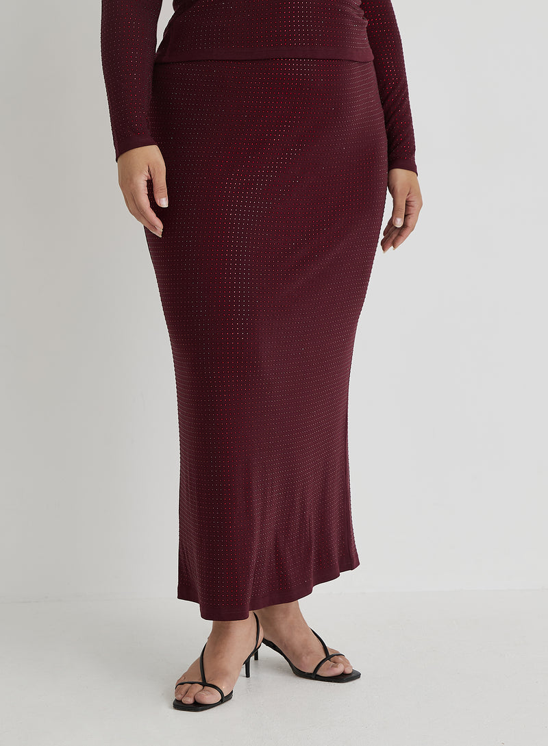 Burgundy Curve Embellished Maxi Skirt- Indigo