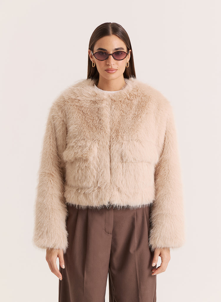 Beige Faux Fur Cropped Jacket- Reysha