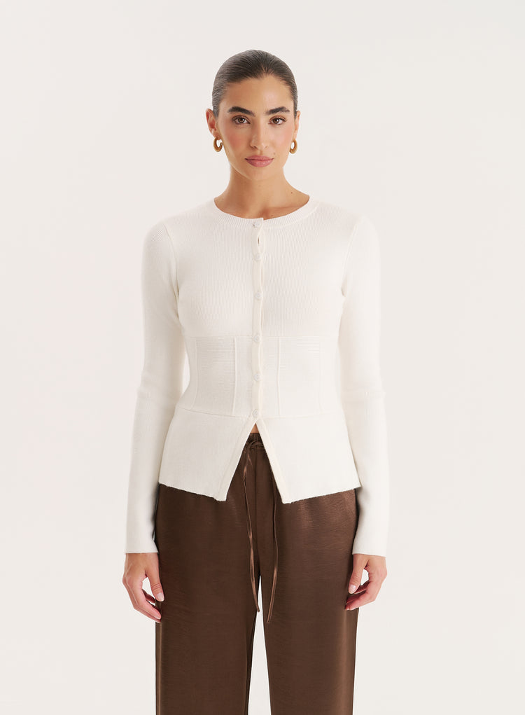 Cream Cinched Waist Knitted Cardigan- Valene