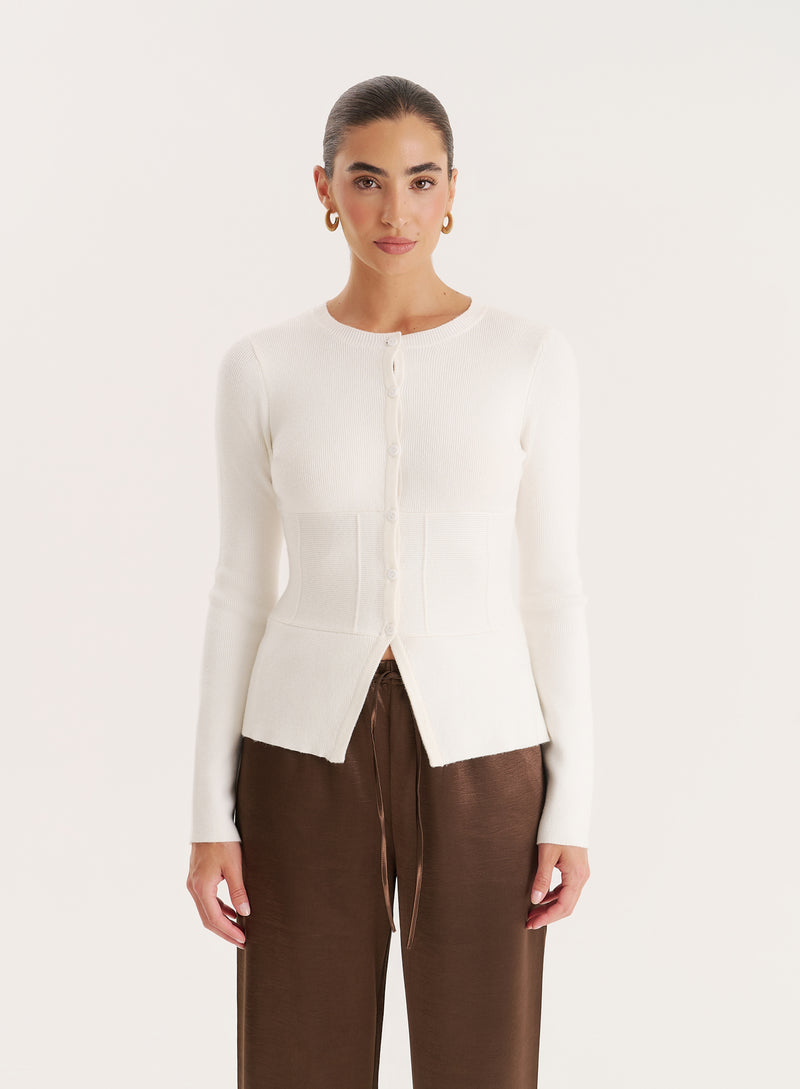Cream Cinched Waist Knitted Cardigan- Valene