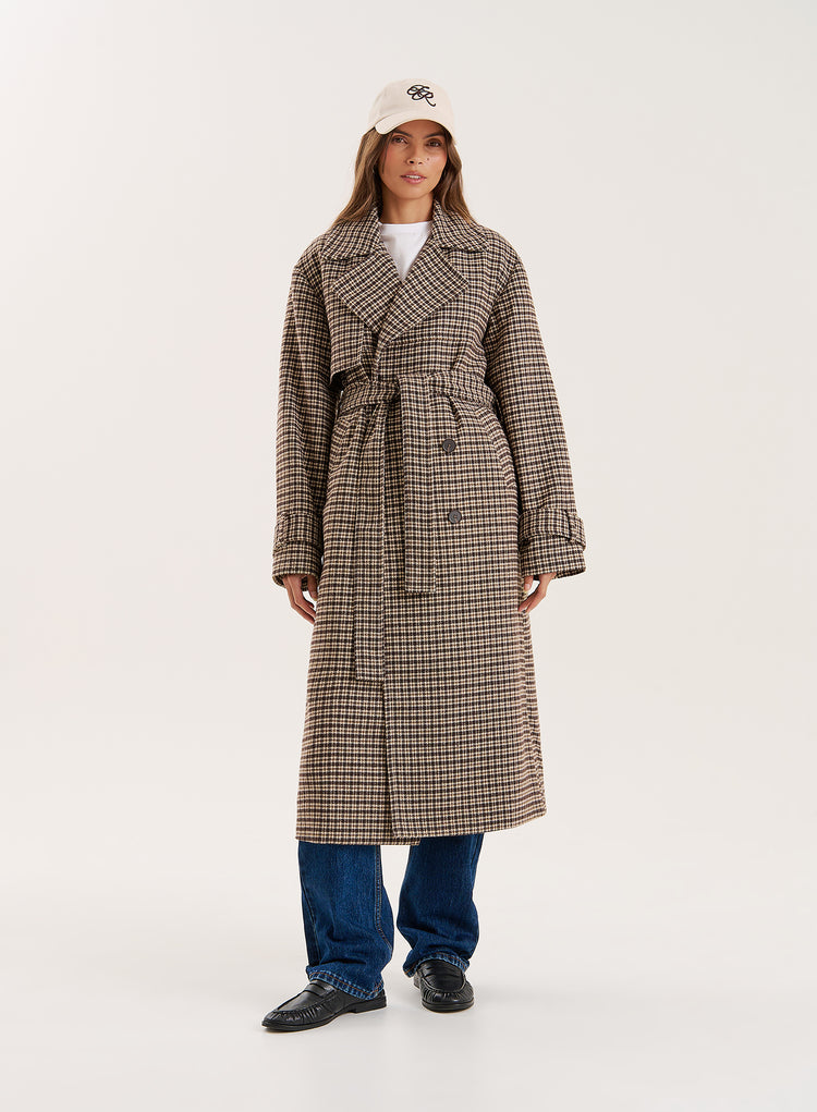 Brown Checked Belted Wool-Blend Trench Coat- Tabi