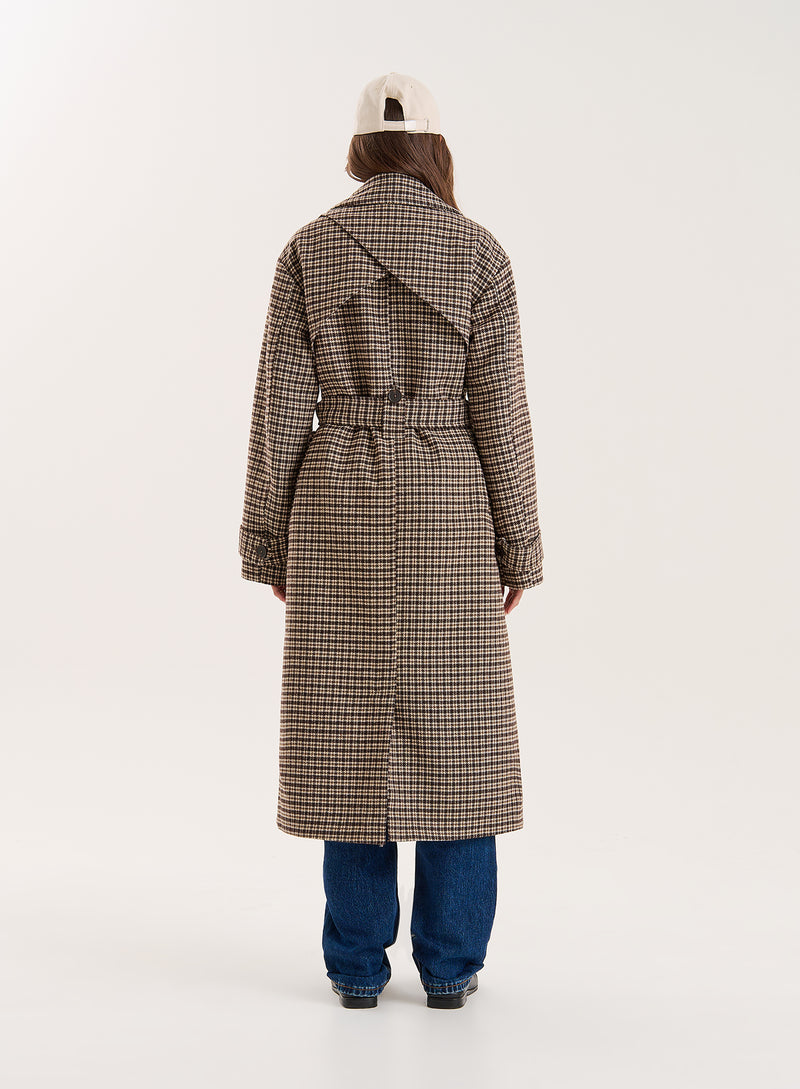 Brown Checked Belted Wool-Blend Trench Coat- Tabi