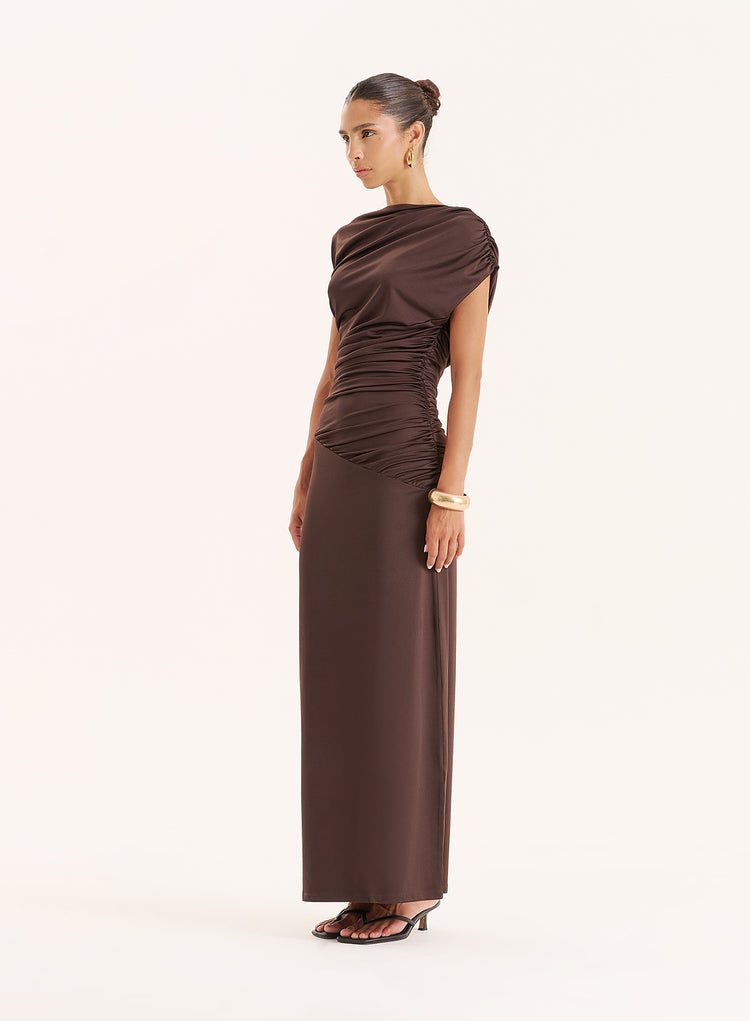 Chocolate Ruched Sleeveless Maxi Dress- Oakley