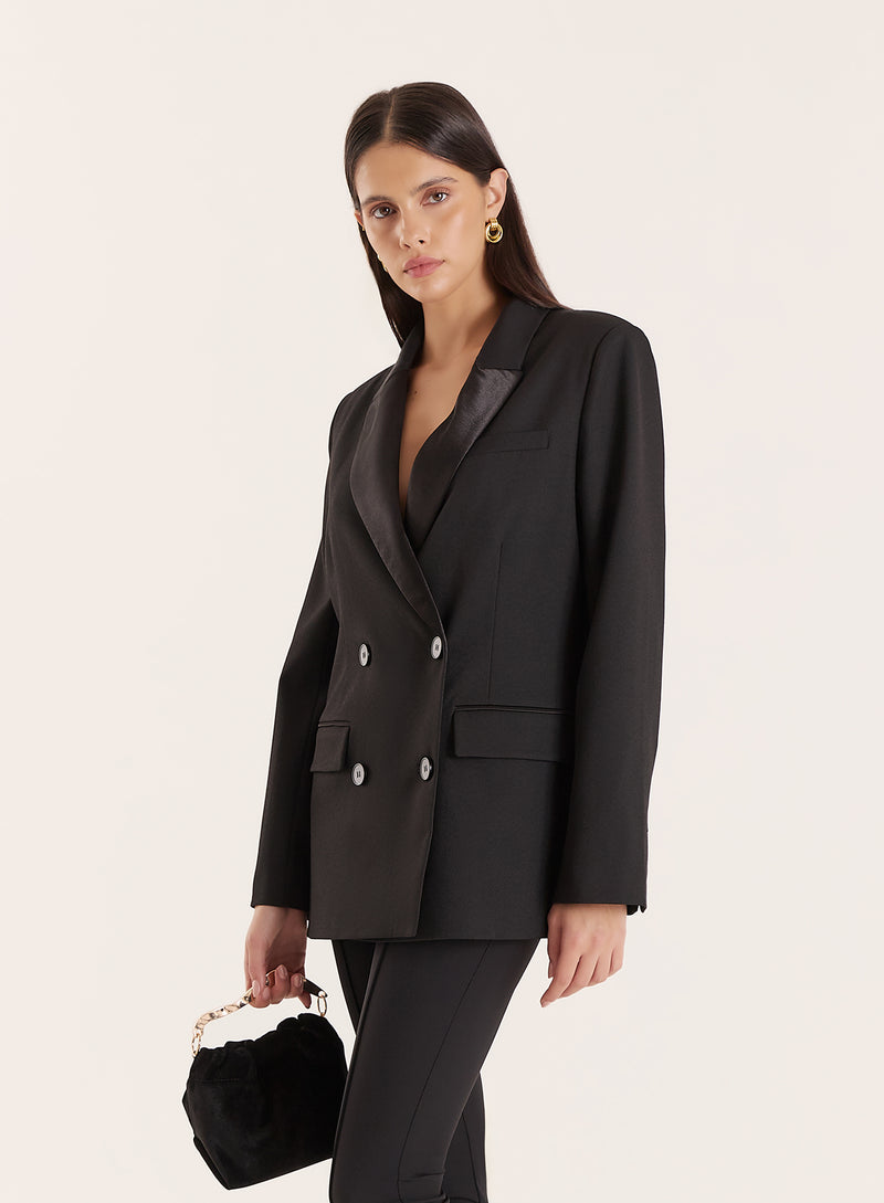 Black Satin Lapel Double Breasted Tuxedo Blazer- Delphine
