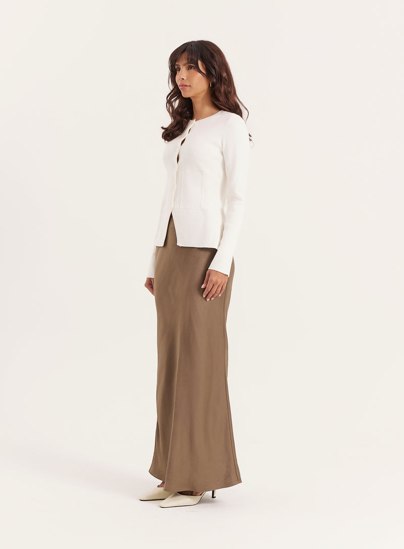 Khaki Satin Maxi Skirt- Novah