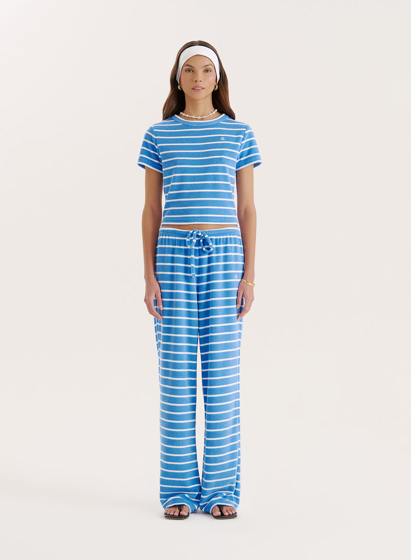 Blue Stripe Towelling Straight Leg Trouser- Livia
