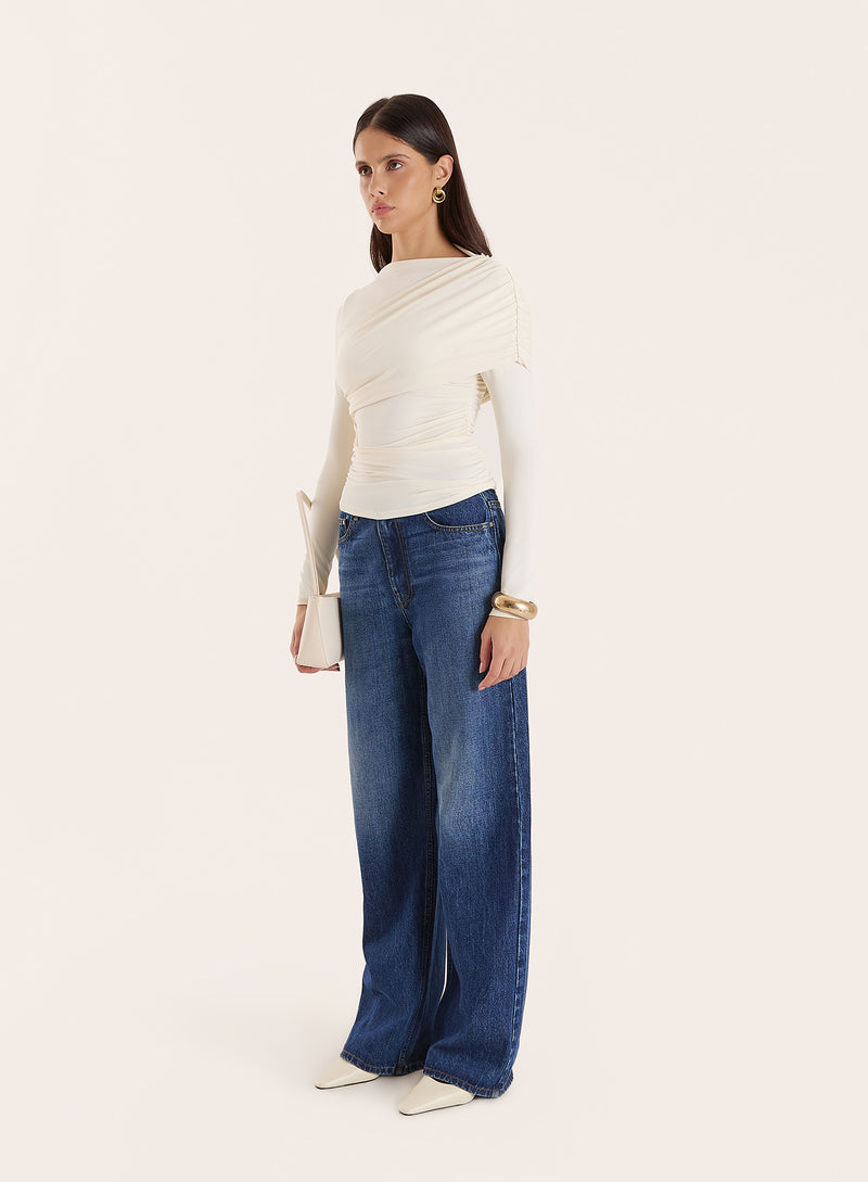 Off White Long Sleeved Drape Top- Cassian