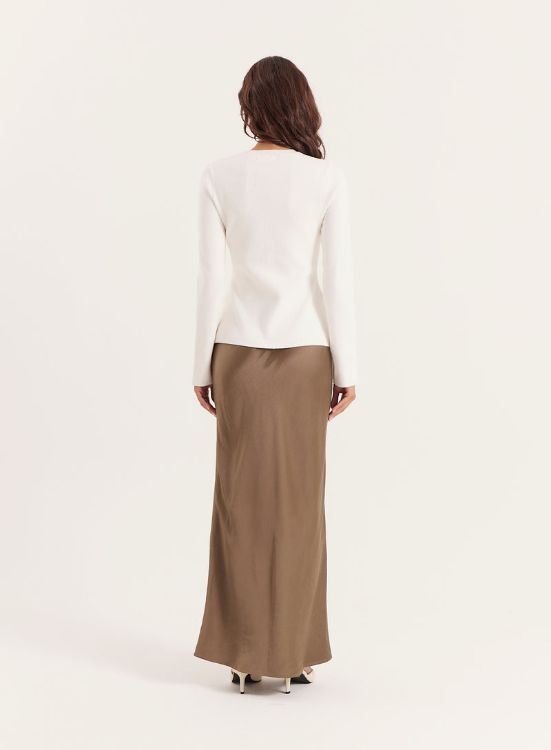 Khaki Satin Maxi Skirt- Novah
