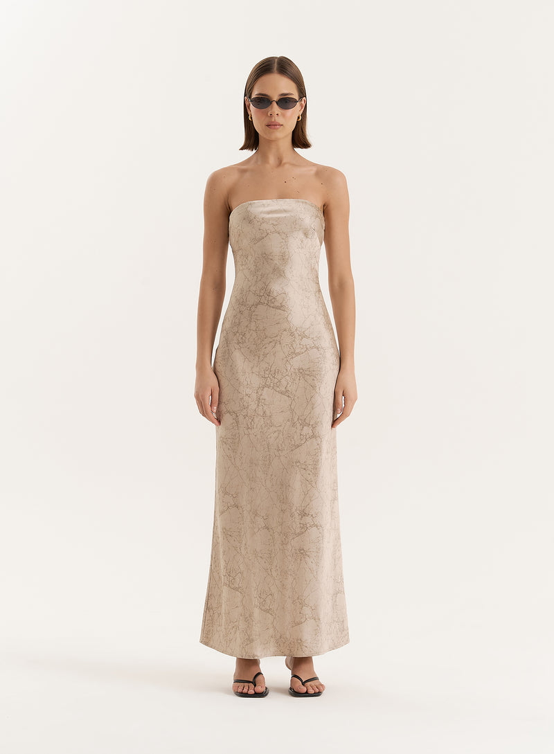 Beige Print Bandeau Satin Maxi Dress- Shona