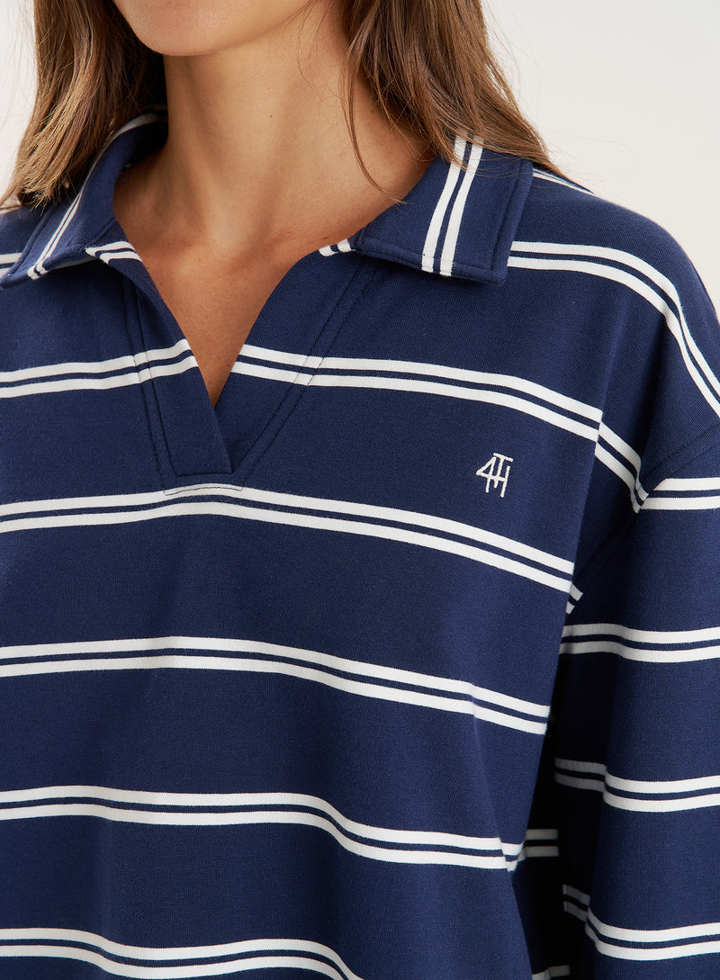 Navy And White Thin Striped Rugby Top- Hailey