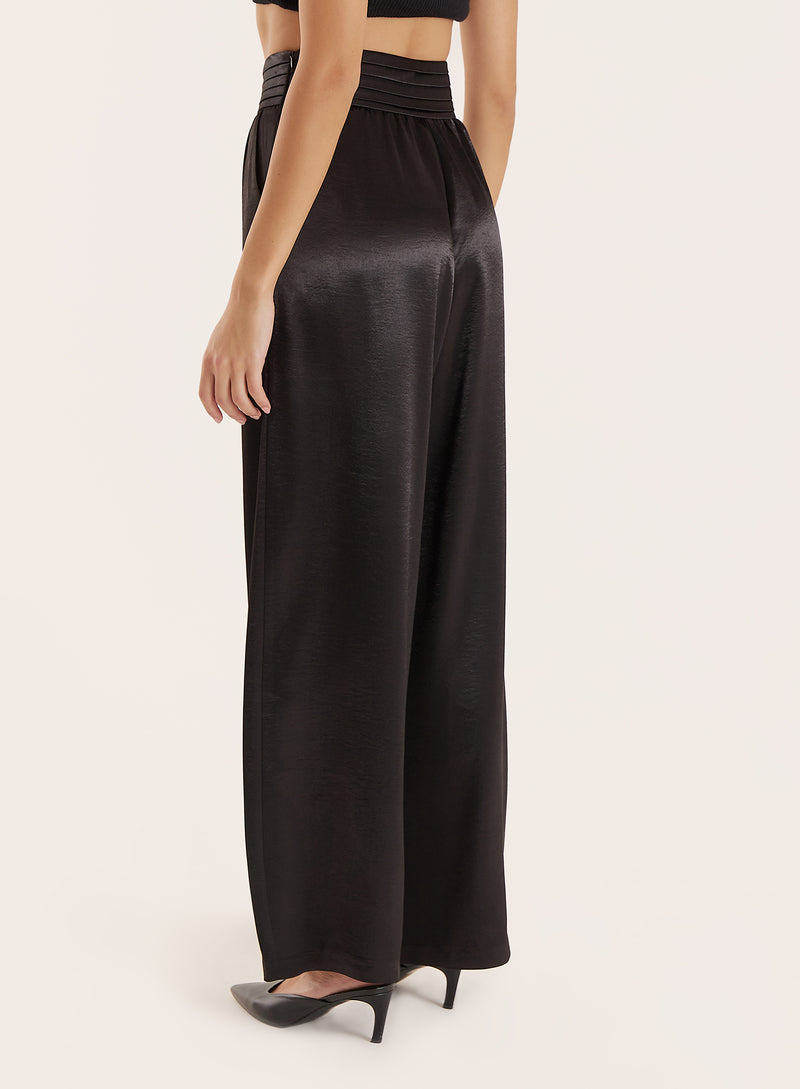Black Pleated Waistband Wide Leg Satin Trousers- Francoise
