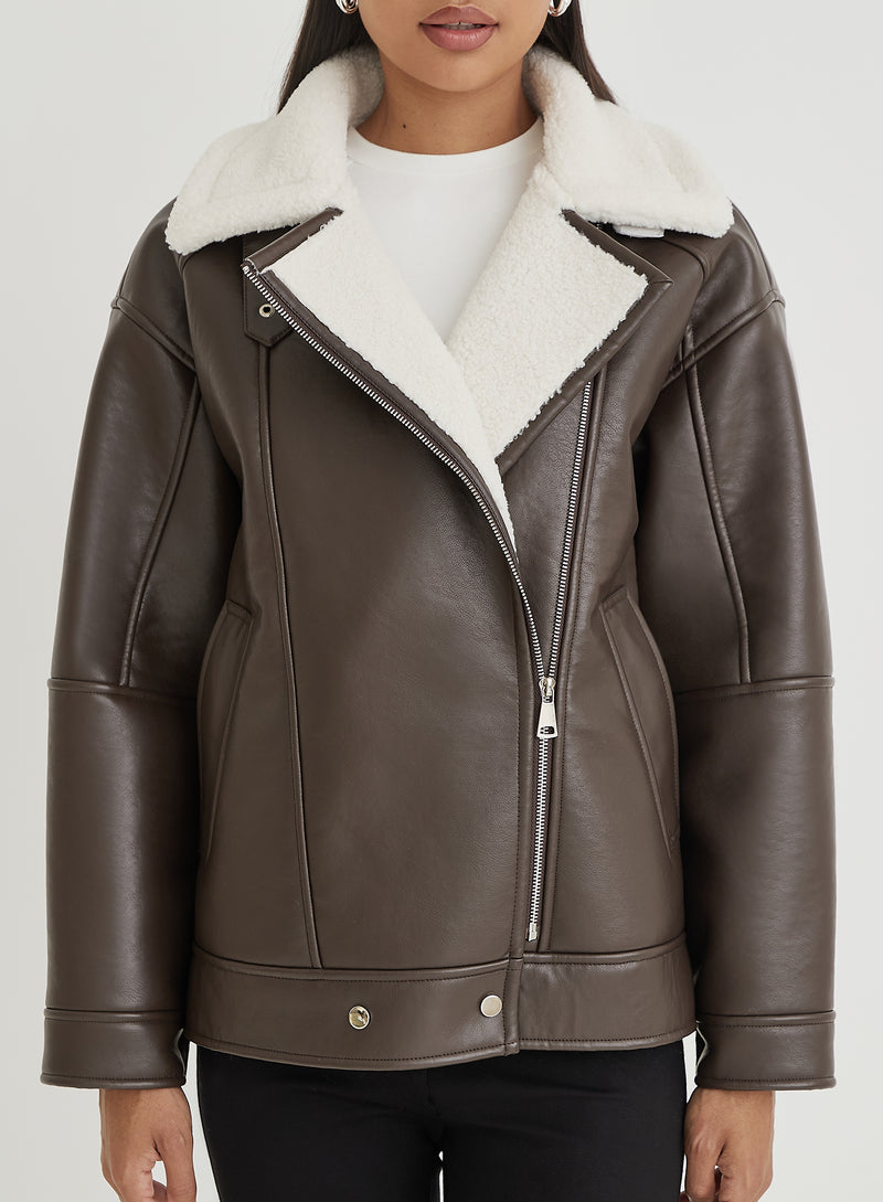 Brown Faux Leather Aviator Jacket- Billy