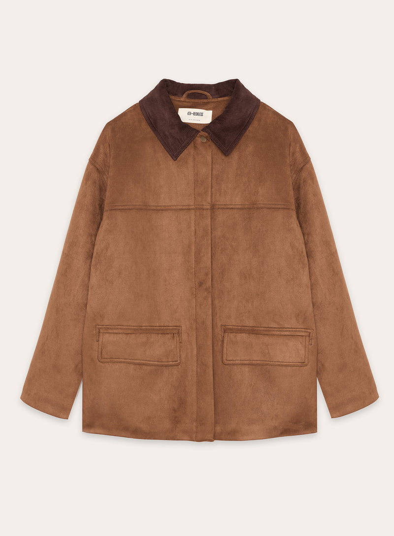 Brown Contrast Collar Faux Suede Barn Shacket