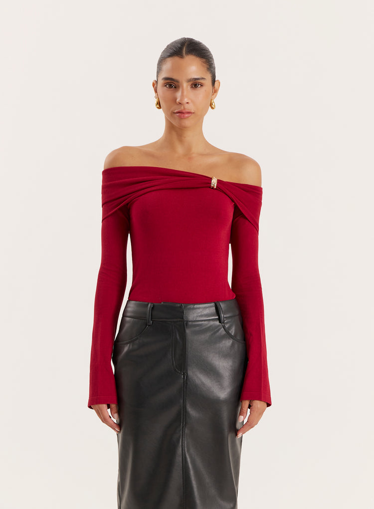 Red Gold Hardware Detail Knitted Long Sleeve Top